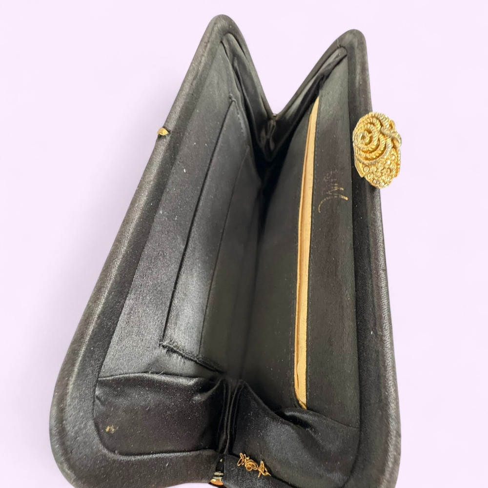 1950s Black Satin Clutch Rhinestone Gold Clasp - Picture 6 of 10